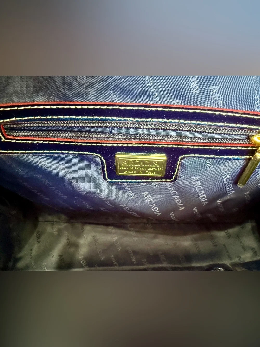 Arcadia Made in Italy Navy Blue Patent Leather Embossed Satchel Tote Bag